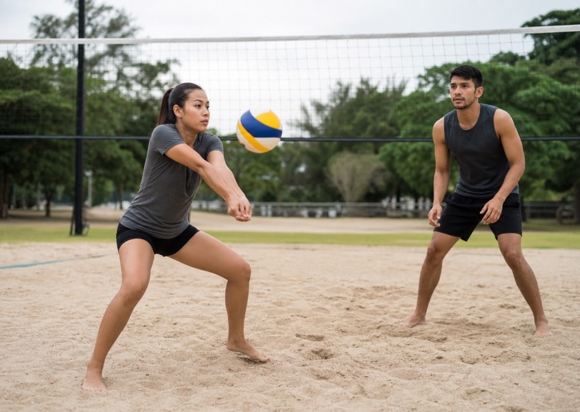 Two volleyball players working on passing footwork during a beach court drill