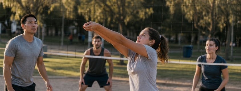 Recreational volleyball players practicing together at an outdoor court