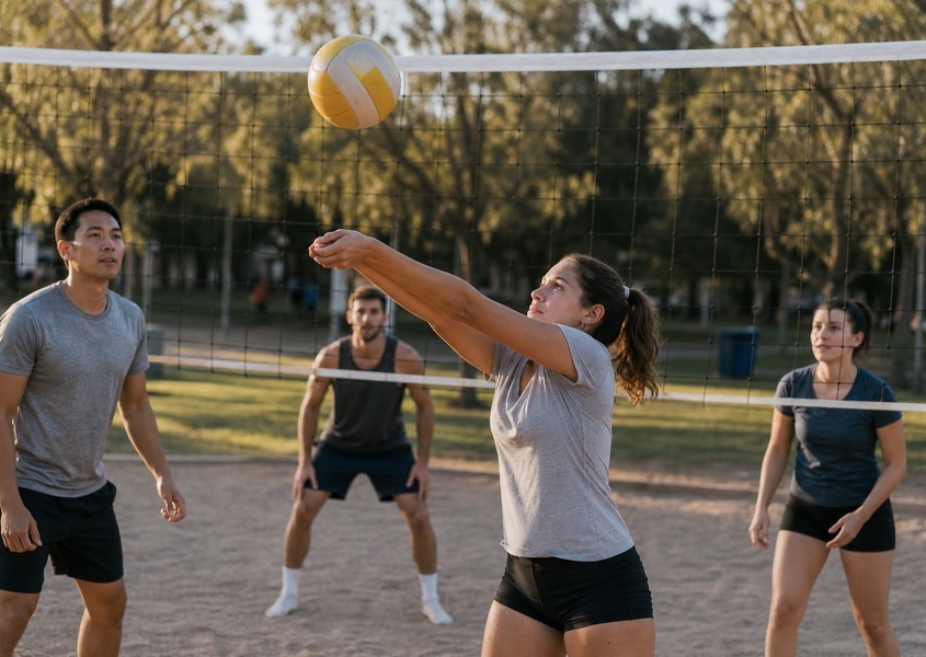 Recreational volleyball players practicing together at an outdoor court
